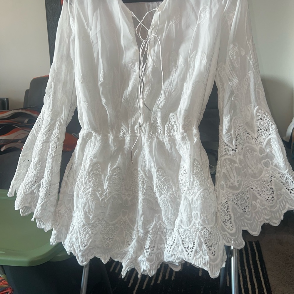 Banjul White Lace Flare Sleeve Romper